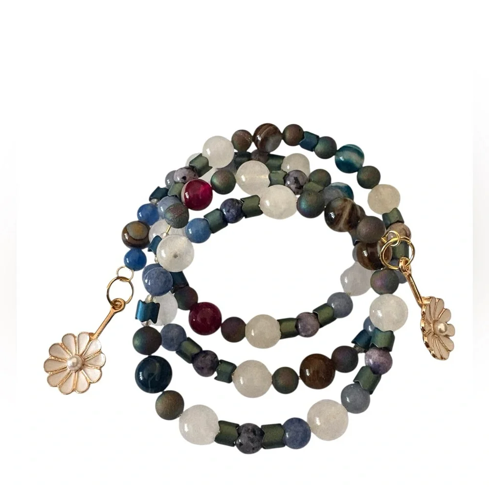 Electroplated Hematite, Sodalite, Fluorite and Galaxy Jasper Wrap Bracelet - Picture 5 of 7